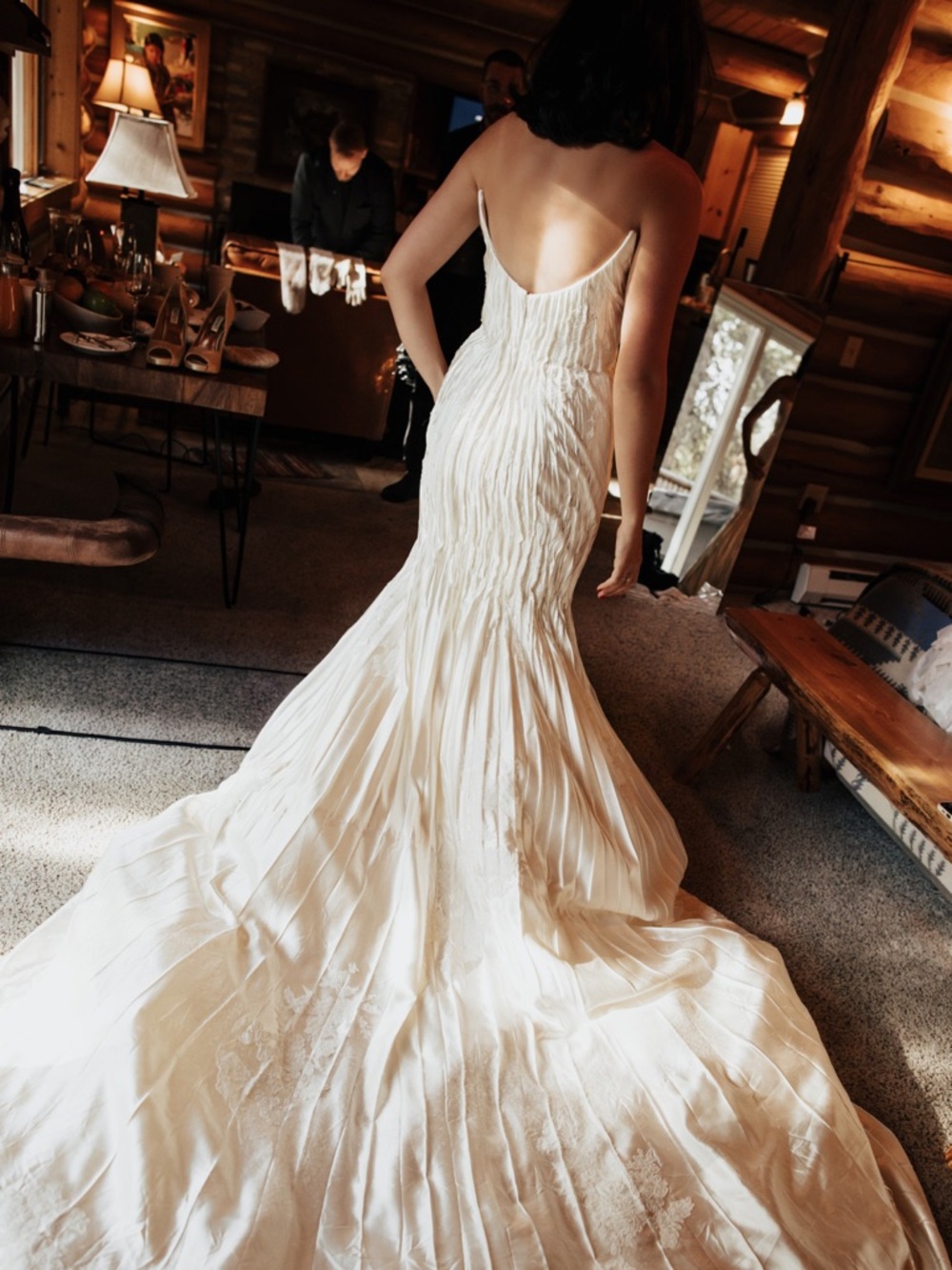 Danielle Frankel Silk-Wool Crinkled Strapless Fluted Gown in Ivory